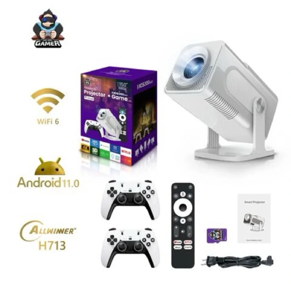 White Projector with Remote and Controllers